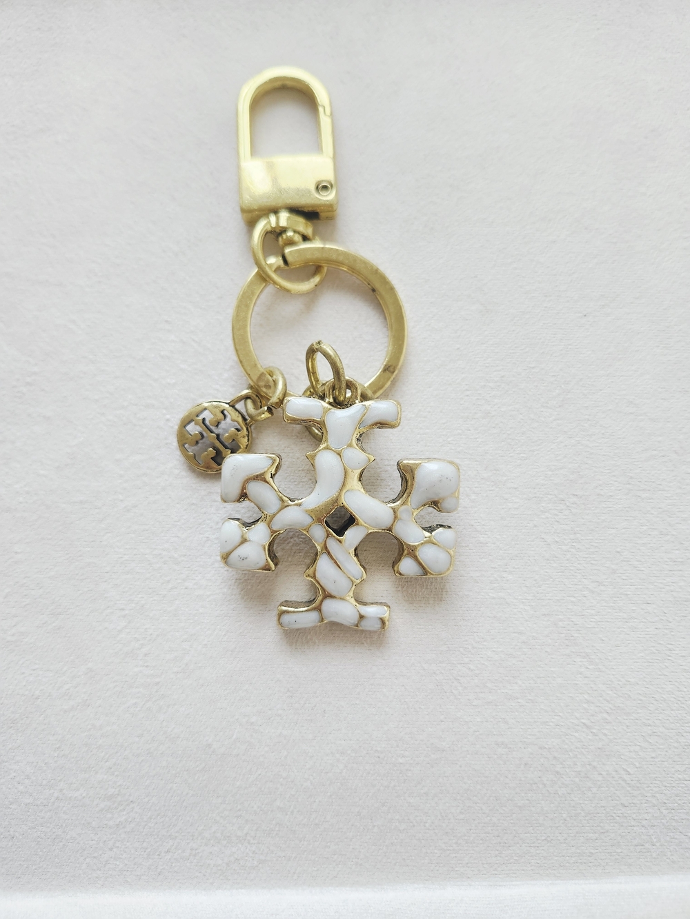Tory Burch Gold Tone Logo Bag Charm Keychain Ivory Enamel